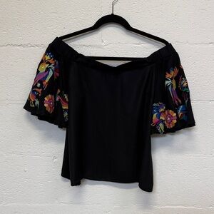 Judith March Black Top with Colorful Embroidery